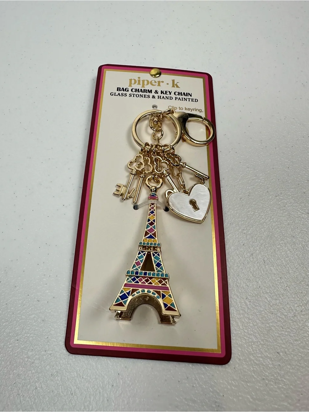 NEW PIPER K PARISIAN DAYDREAM EIFFEL TOWER LOVE HEART GOLD BAG CHARM KEY RING